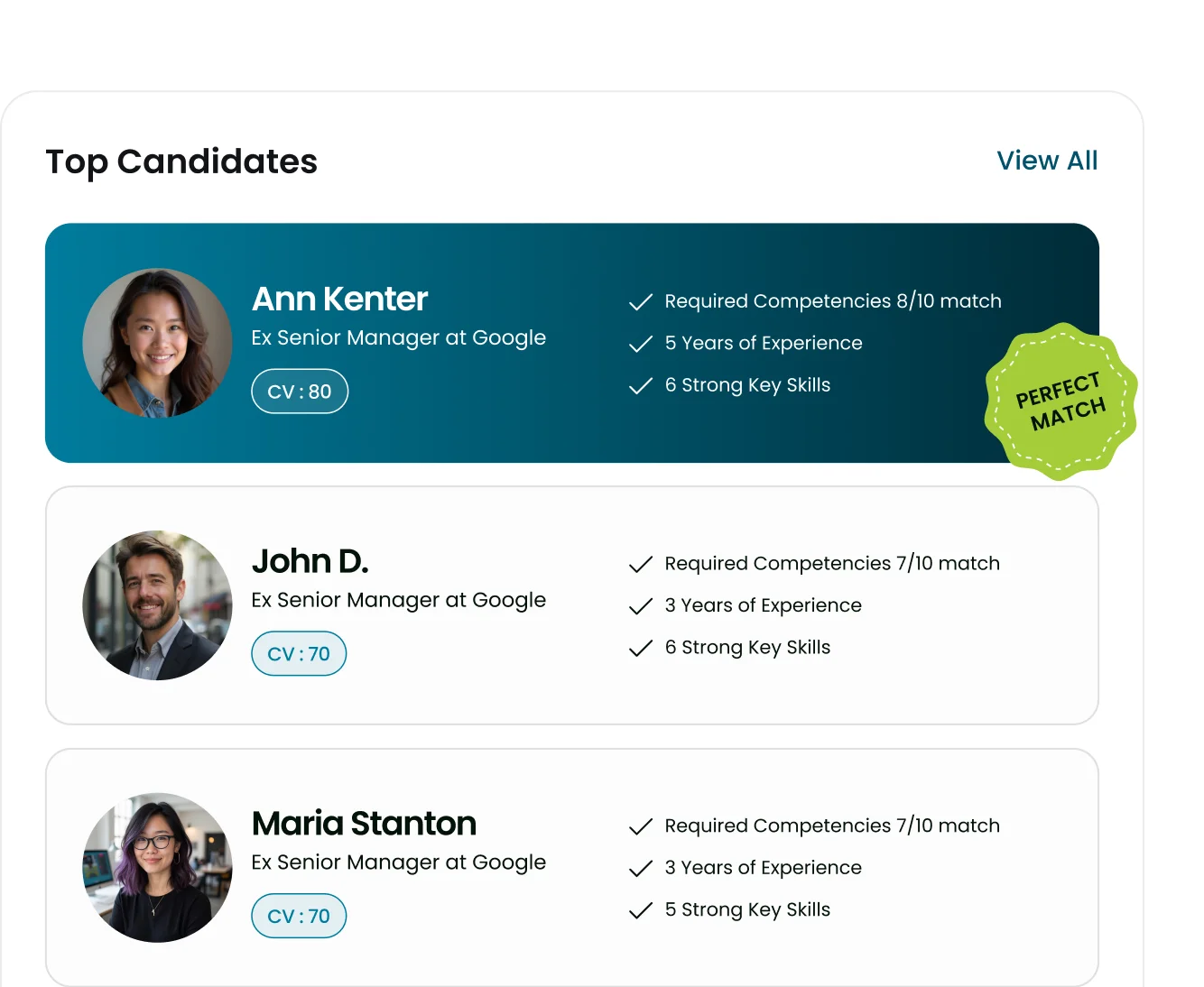 Kandidat teratas yang diurutkan SmartMatch